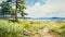 Watercolor Painting Of Wetland With Red Brick Road Leading To The Sea