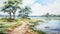 Watercolor Painting Of Wetland With Red Brick Road Leading To The Sea