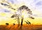 Watercolor Painting - Wild Giraffe and Elephant with Dawn light in Africa Field