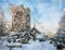 Watercolor painting of a winter scene with a medieval ruined church covered in snow with surrounding graveyard trees and houses