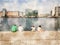 Watercolor painting of young people sitting by the waterside looking at a cityscape skyline with modern buildings and blue sky bac