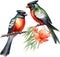 Watercolor paintings of colorful elegant trogon birds. Ai-Generated.