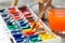 Watercolor paints and paintbrushes for painting closeup.