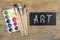 Watercolor Pallet, Brushes Set for Painting, on Wooden background, Flat Lay