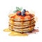 Watercolor Pancakes with blueberries, strawberries and maple syrup