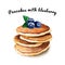Watercolor pancakes with blueberry on top illustration isolated on whit