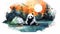 Watercolor Panda Bear In Atmospheric Landscape Tent