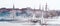 Watercolor panorama of Riga Old Town with yachts in the foreground