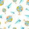 Watercolor paper airplanes and school globes seamless pattern on white background