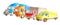Watercolor park of trucks, lorries, van of different colors, truck models and designs stand side by side on a white background