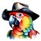 watercolor parrot with a colorful cowboy hat. AI-Generated.