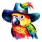 watercolor parrot with a colorful cowboy hat. AI-Generated.