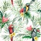 Watercolor parrot and toucan seamless pattern. Hand painted illustration with bird, protea and palm leaves isolated on