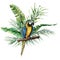 Watercolor parrot with tropical leaves. Hand painted parrot with monstera, banana and palm greenery branch isolated on