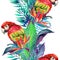 Watercolor parrots with tropical flowers seamless pattern