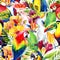 Watercolor parrots with tropical flowers seamless pattern