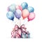 Watercolor party illustration with balloons and present boxes. Generative AI