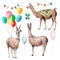 Watercolor party lama set. Hand drawn illustration with air balloons, gift box and flags garlands isolated on white