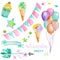 Watercolor party set in the form of garland of the flags, ice cream, air balloons, arrow, ribbon and stars