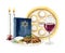 Watercolor Passover seder composition with traditional meal, red wine glass, Haggadah, candles. Jewish illustration