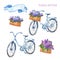Watercolor pastel blue vintage bicycle set. Hand drawn beach cruiser with basket and purple lilac and hydrangea flowers, isolated