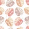 Watercolor pastel color monstera leaves seamless pattern on white background