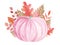 Watercolor pastel pink pumpkin with autumn leaves decoration isolated on white background