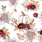 Watercolor pastel pumpkin arrangement and jewel toned flowers seamless pattern. Autumn botanical print