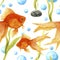 Watercolor pattern with aquarium. Goldfish, stone, algae and air bubbles. Artistic hand drawn illustration. For design