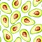 Watercolor pattern of avocado, avocado halves, avocado leaves