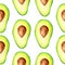 Watercolor pattern of avocado, avocado halves, avocado leaves