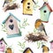 Watercolor pattern with bird, birdhouse, nest with eggs and greenery. Hand painted spring ornament with nesting box and