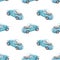 Watercolor pattern with blue convertible car on blye background. Design for baby boy clothes, nursery, textiles