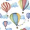 Watercolor pattern with cartoon hot air balloon. Transport ornament with flag garlands and clouds isolated on white