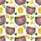 Watercolor pattern, cauldron with gold, clover, coins on a white background. For St. Patrick Day product, wrapping, etc.