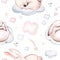 Watercolor pattern for children with sleeping bunny. Rabbit print for baby fabric, poster pink with beige and blue clouds, moon,