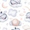 Watercolor pattern for children with sleeping elephant. print for baby fabric, poster pink with beige and blue clouds, moon, sun.