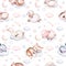 Watercolor pattern for children with sleeping sheep and elephant. print for baby fabric, seamless cat, bunny and fox animals pink