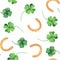 Watercolor pattern with clover, horseshoe and clover flowers.