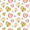 Watercolor pattern of colorful autumn leaves in the shape of heart on white background. Romantic fall. Yellow and pink.