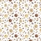 Watercolor pattern with cookies, nuts, cinnamon, sugar on a white background.