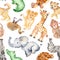 Watercolor pattern with cute cartoon animals of Africa.