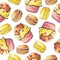 Watercolor pattern with desserts. Cupcakes and macaroons. Illustration on a white background.