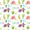 Watercolor pattern with dinosaurs, cute cartoon characters