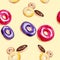 Watercolor pattern donuts in multicolor glaze. Illustration isolated on yellow background. Seamless pattern