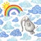 Watercolor pattern elephant with wings flies in the clouds past the rainbow and the sun.