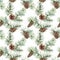 Watercolor pattern with fir branch and cones. Hand painted pine tree and pine cone isolated on white background. Winter