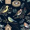 Watercolor pattern with garden spring birds on blooming branches, nest and birdhouse. Hand-drawn print in retro style for design