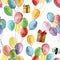 Watercolor pattern with giftboxes and bright air ballons. Hand painted illustration with colorful air balloons and gifts
