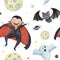 Watercolor pattern happy Halloween by DRACULA, moon, bat, SPIDER, and ghost